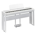 Diagonal side view of the P-525WH (white model) in combination with the optional stand and metal three-pedal pedal unit