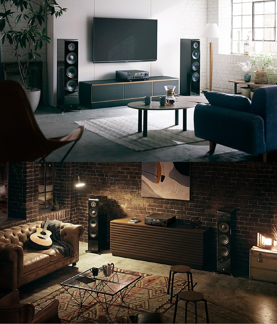Lifestyle image showing R-N2000A Network Receiver in a home with TV and Speakers